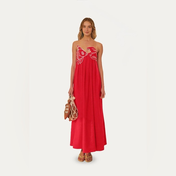 FARM Rio Dresses & Skirts - Farm Rio Red Fish Top Linen Blend Strapless Maxi Dress Tropical Appliqué Medium